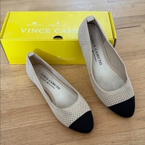 Vince Camuto Beige Knit Cap-Toe Ballet Flats with Black Toe